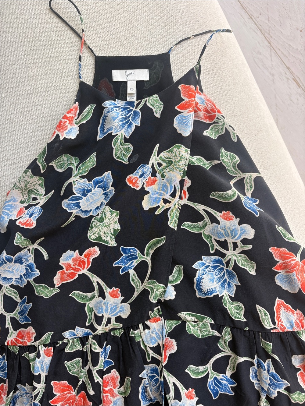 Joie Black Floral Spaghetti-Strap Silk Camisole with Blue & Red Blooms